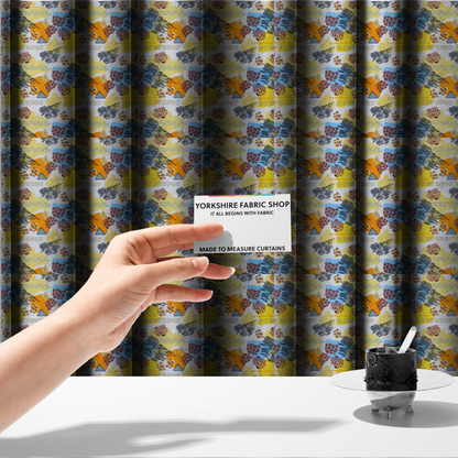 The fabric used to create these made-to-measure curtains is a vibrant, safari-themed repeating pattern on a white textured fabric, blending abstract shapes with traditional animal and tribal motifs.