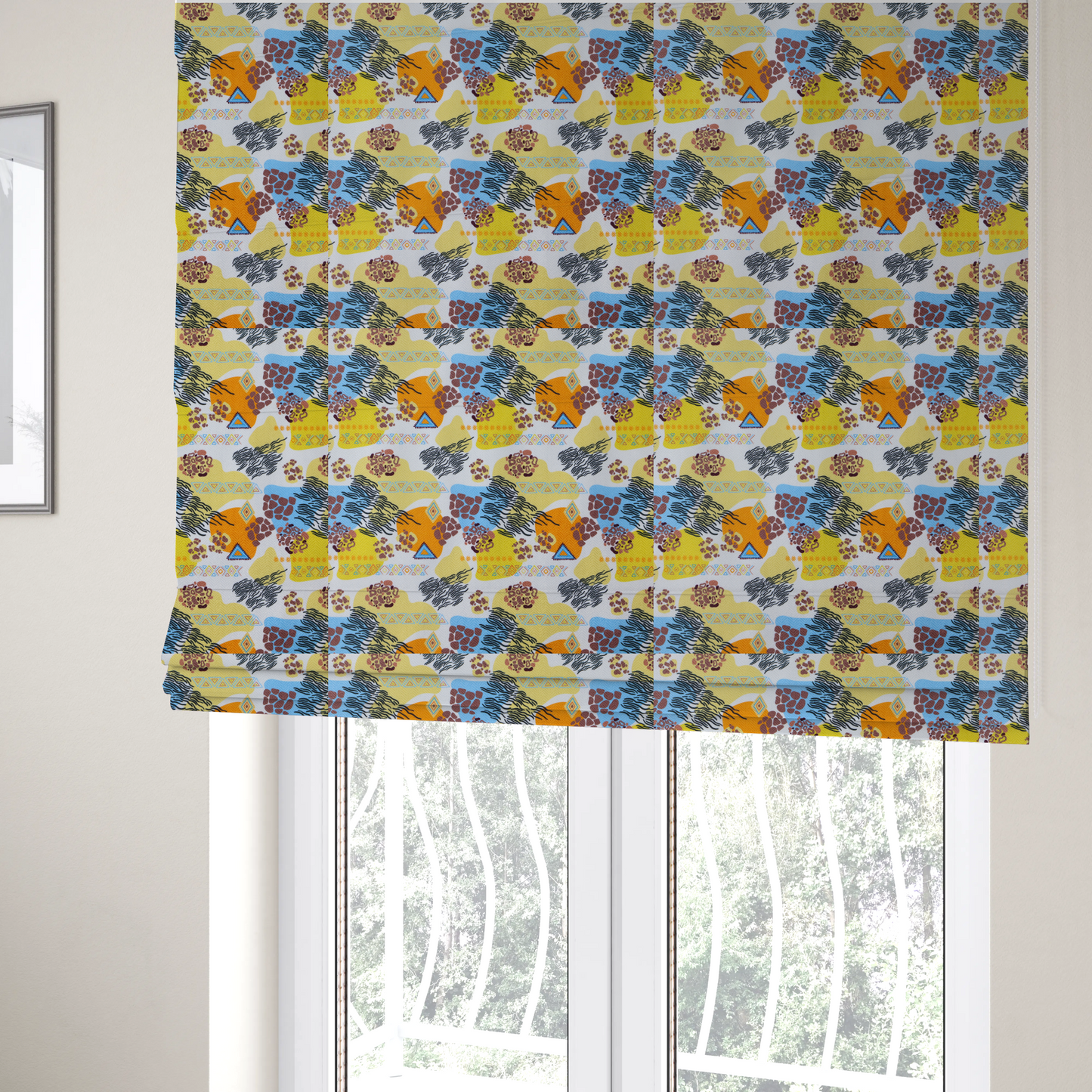 The fabric used to create these Roman blinds is a vibrant, safari-themed repeating pattern on a white textured fabric, blending abstract shapes with traditional animal and tribal motifs.