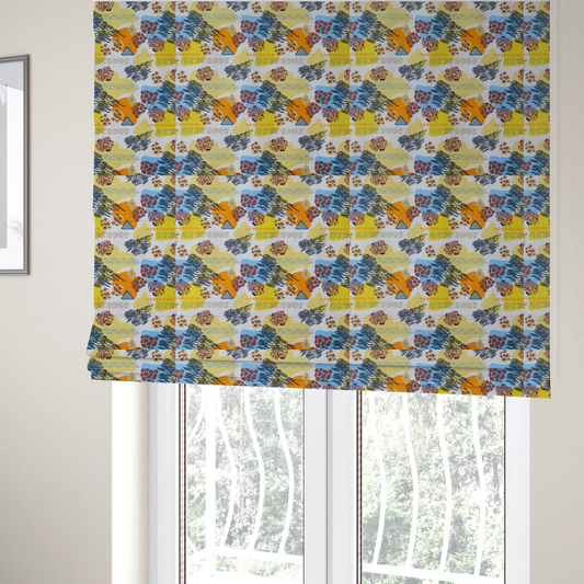 The fabric used to create these Roman blinds is a vibrant, safari-themed repeating pattern on a white textured fabric, blending abstract shapes with traditional animal and tribal motifs.