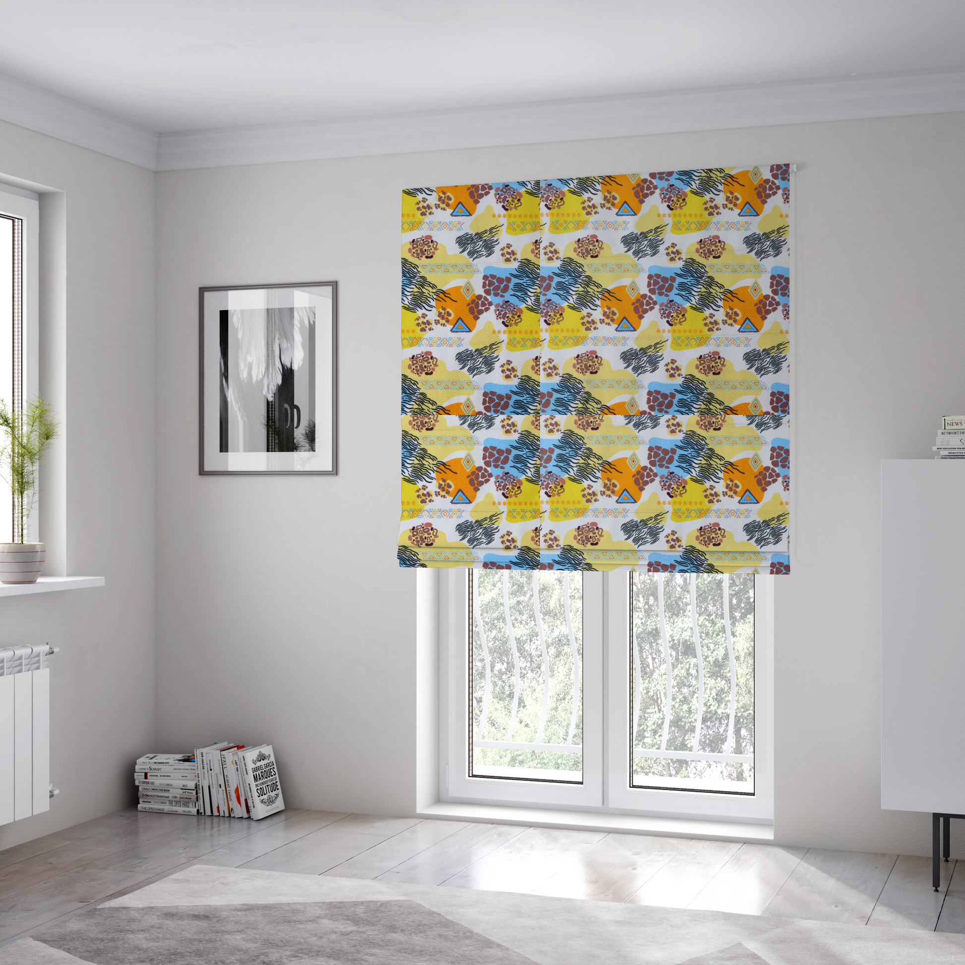 The fabric used to create these Roman blinds is a vibrant, safari-themed repeating pattern on a white textured fabric, blending abstract shapes with traditional animal and tribal motifs.