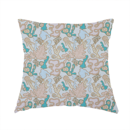 The fabric used to create this handmade cushion is a light blue fabric featuring a whimsical, abstract botanical pattern. The design is composed of organic, flowing shapes and illustrations in a pastel and jewel-tone palette.