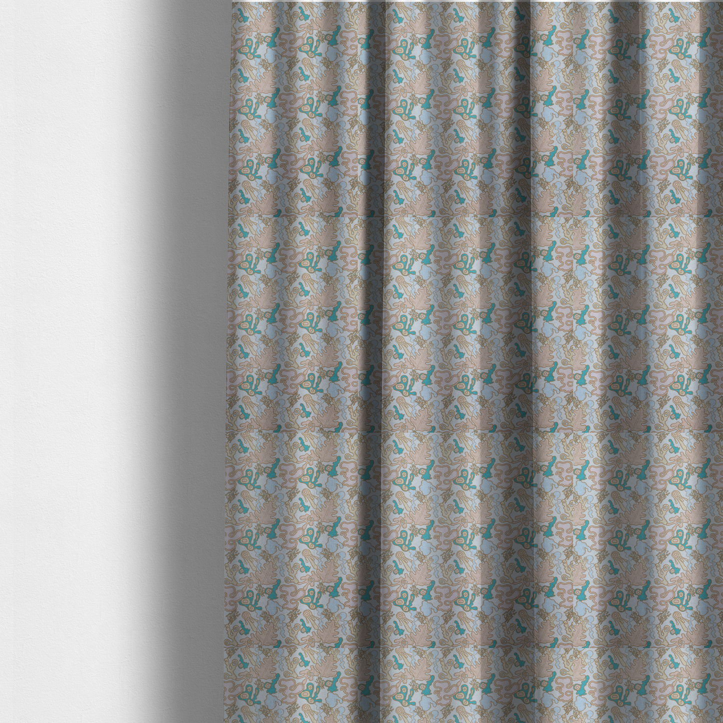 The fabric used to create these made-to-measure curtains is a light blue fabric featuring a whimsical, abstract botanical pattern. The design is composed of organic, flowing shapes and illustrations in a pastel and jewel-tone palette.
