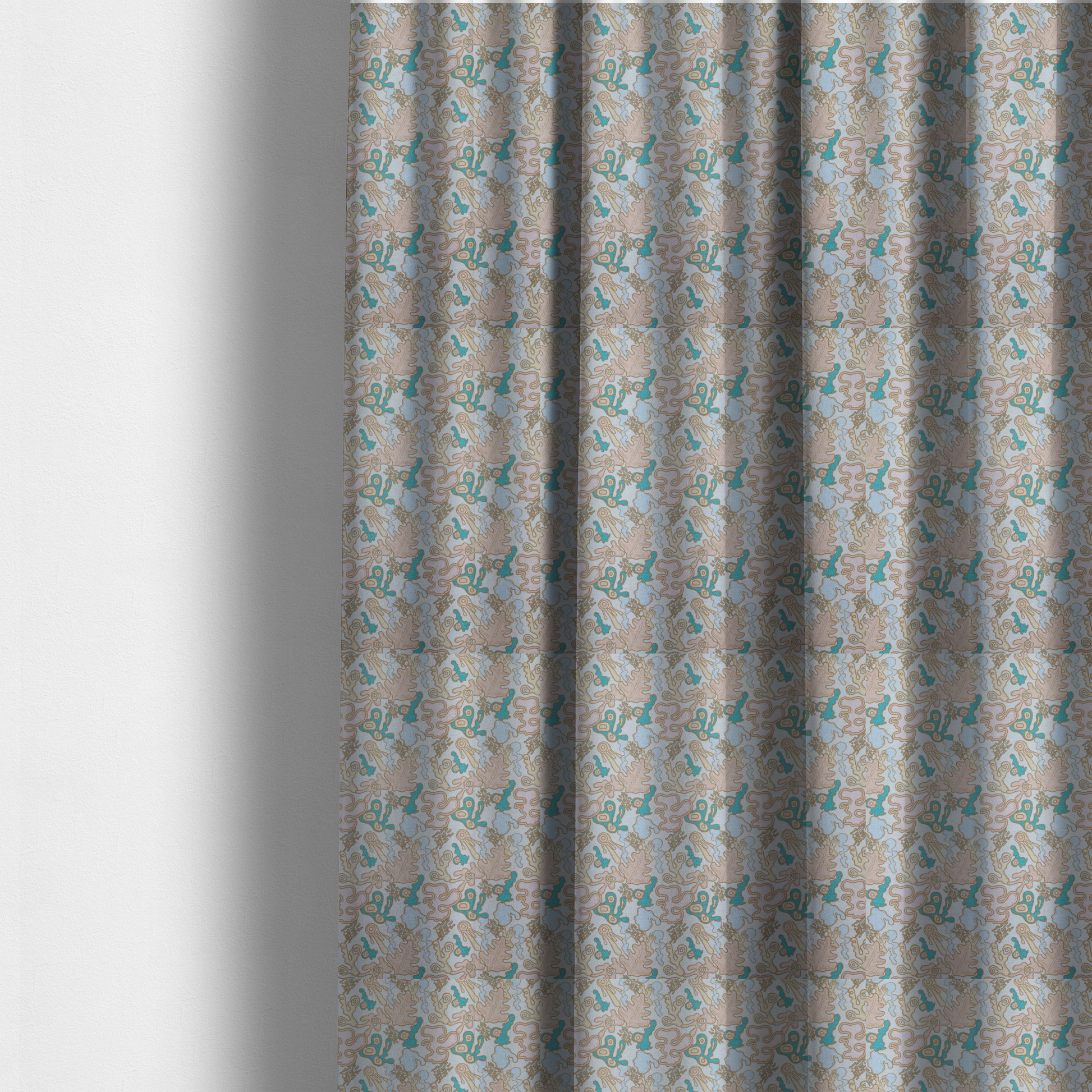 The fabric used to create these made-to-measure curtains is a light blue fabric featuring a whimsical, abstract botanical pattern. The design is composed of organic, flowing shapes and illustrations in a pastel and jewel-tone palette.