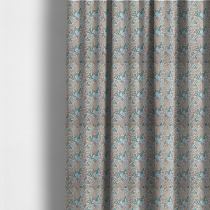 The fabric used to create these made-to-measure curtains is a light blue fabric featuring a whimsical, abstract botanical pattern. The design is composed of organic, flowing shapes and illustrations in a pastel and jewel-tone palette.