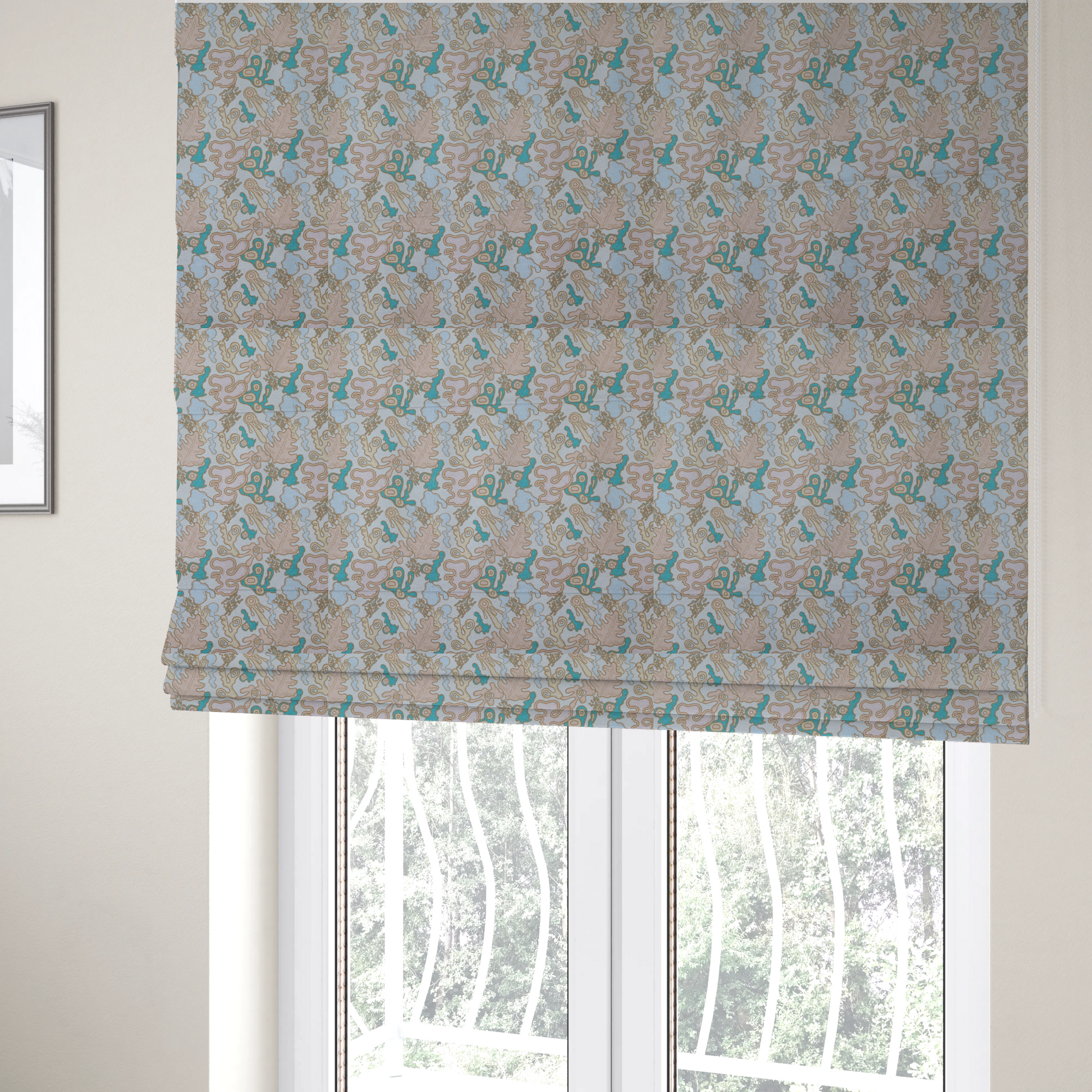 The fabric used to create these Roman blinds is a light blue fabric featuring a whimsical, abstract botanical pattern. The design is composed of organic, flowing shapes and illustrations in a pastel and jewel-tone palette.
