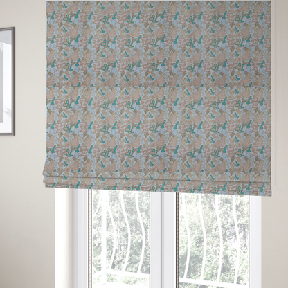 The fabric used to create these Roman blinds is a light blue fabric featuring a whimsical, abstract botanical pattern. The design is composed of organic, flowing shapes and illustrations in a pastel and jewel-tone palette.