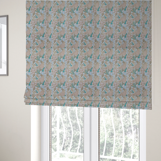 The fabric used to create these Roman blinds is a light blue fabric featuring a whimsical, abstract botanical pattern. The design is composed of organic, flowing shapes and illustrations in a pastel and jewel-tone palette.