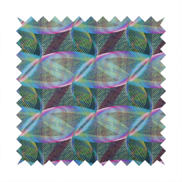 This fabric features a dynamic, futuristic geometric pattern in shades of pink, blue and green, with a mesmerizing sense of movement and depth.
