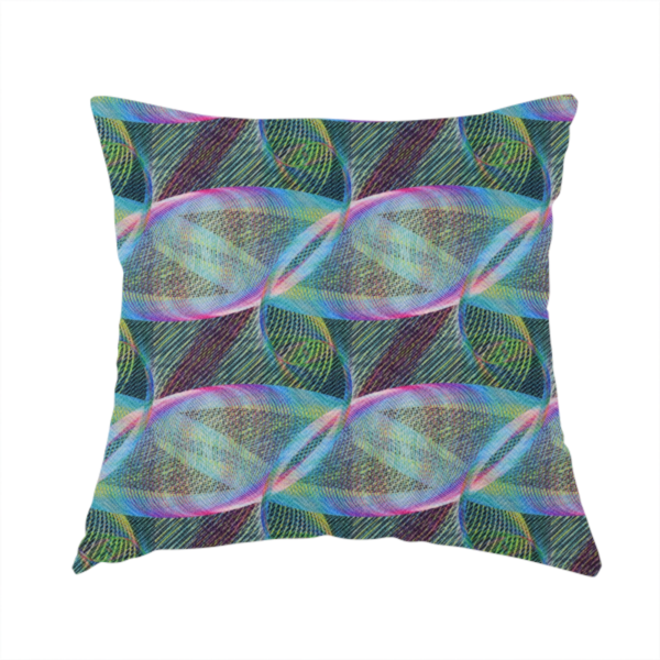 The fabric used to create these handmade cushions features a dynamic, futuristic geometric pattern in shades of pink, blue and green, with a mesmerizing sense of movement and depth.