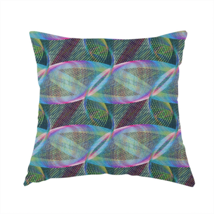 The fabric used to create these handmade cushions features a dynamic, futuristic geometric pattern in shades of pink, blue and green, with a mesmerizing sense of movement and depth.