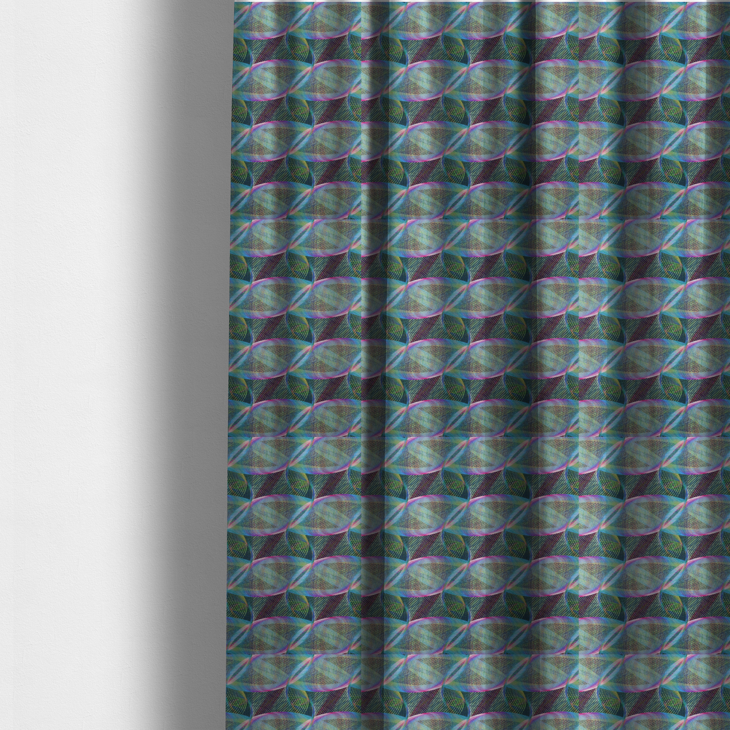 The fabric used to create these made-to-measure curtains features a dynamic, futuristic geometric pattern in shades of pink, blue and green, with a mesmerizing sense of movement and depth.