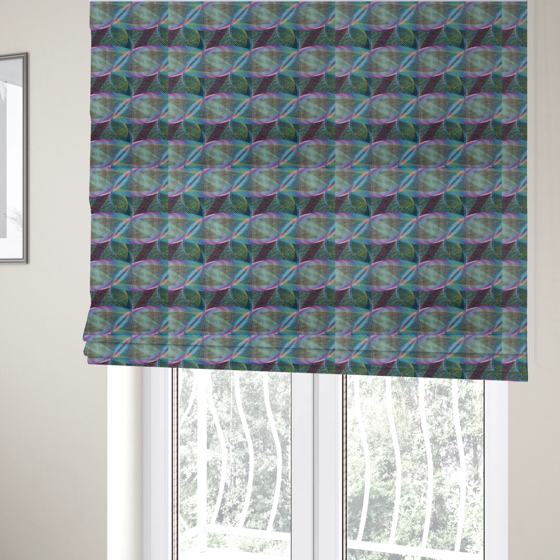 The fabric used to create these Roman blinds features a dynamic, futuristic geometric pattern in shades of pink, blue and green, with a mesmerizing sense of movement and depth.