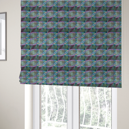 The fabric used to create these Roman blinds features a dynamic, futuristic geometric pattern in shades of pink, blue and green, with a mesmerizing sense of movement and depth.