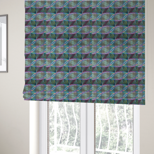 The fabric used to create these Roman blinds features a dynamic, futuristic geometric pattern in shades of pink, blue and green, with a mesmerizing sense of movement and depth.