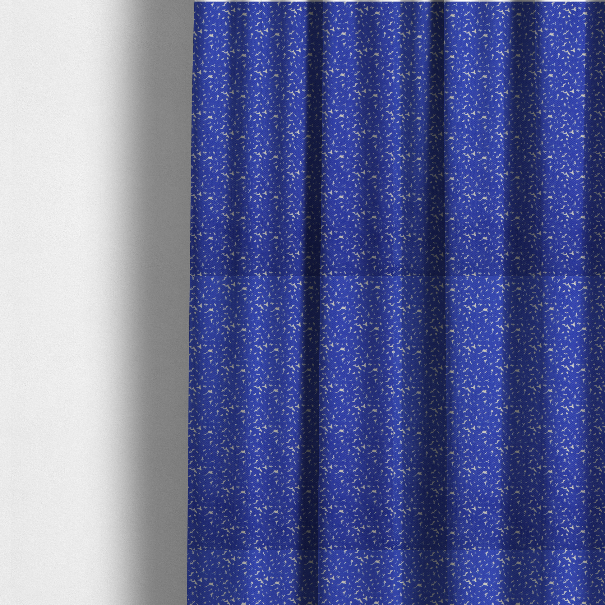 The fabric used to create these made-to-measure curtains is a bright cobalt blue fabric with a dense, non-directional "speckle" or "splatter" pattern.
