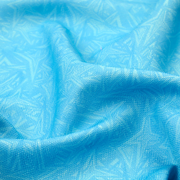 A vibrant cyan-coloured fabric featuring a subtle, tonal geometric pattern.