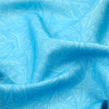 A vibrant cyan-coloured fabric featuring a subtle, tonal geometric pattern.
