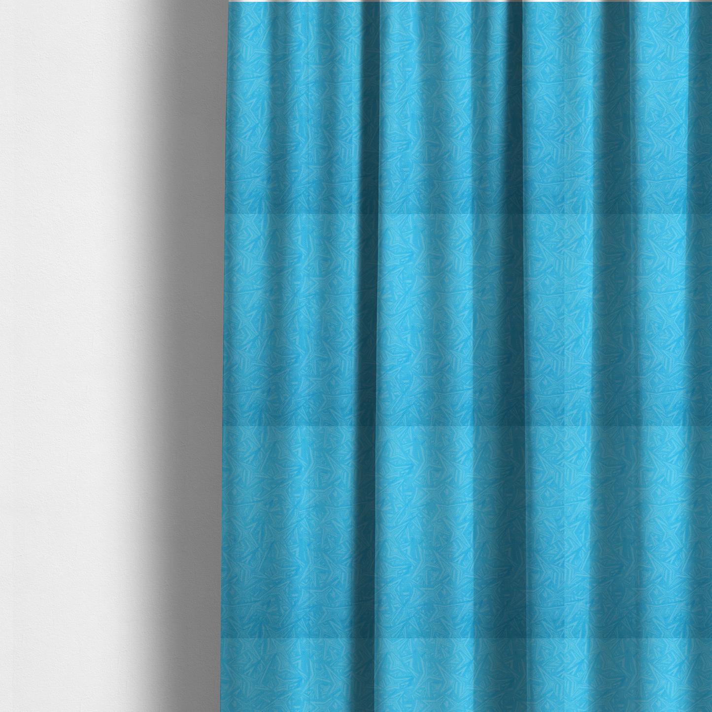 The fabric used to create these made-to-measure curtains is a vibrant cyan-coloured fabric featuring a subtle, tonal geometric pattern.