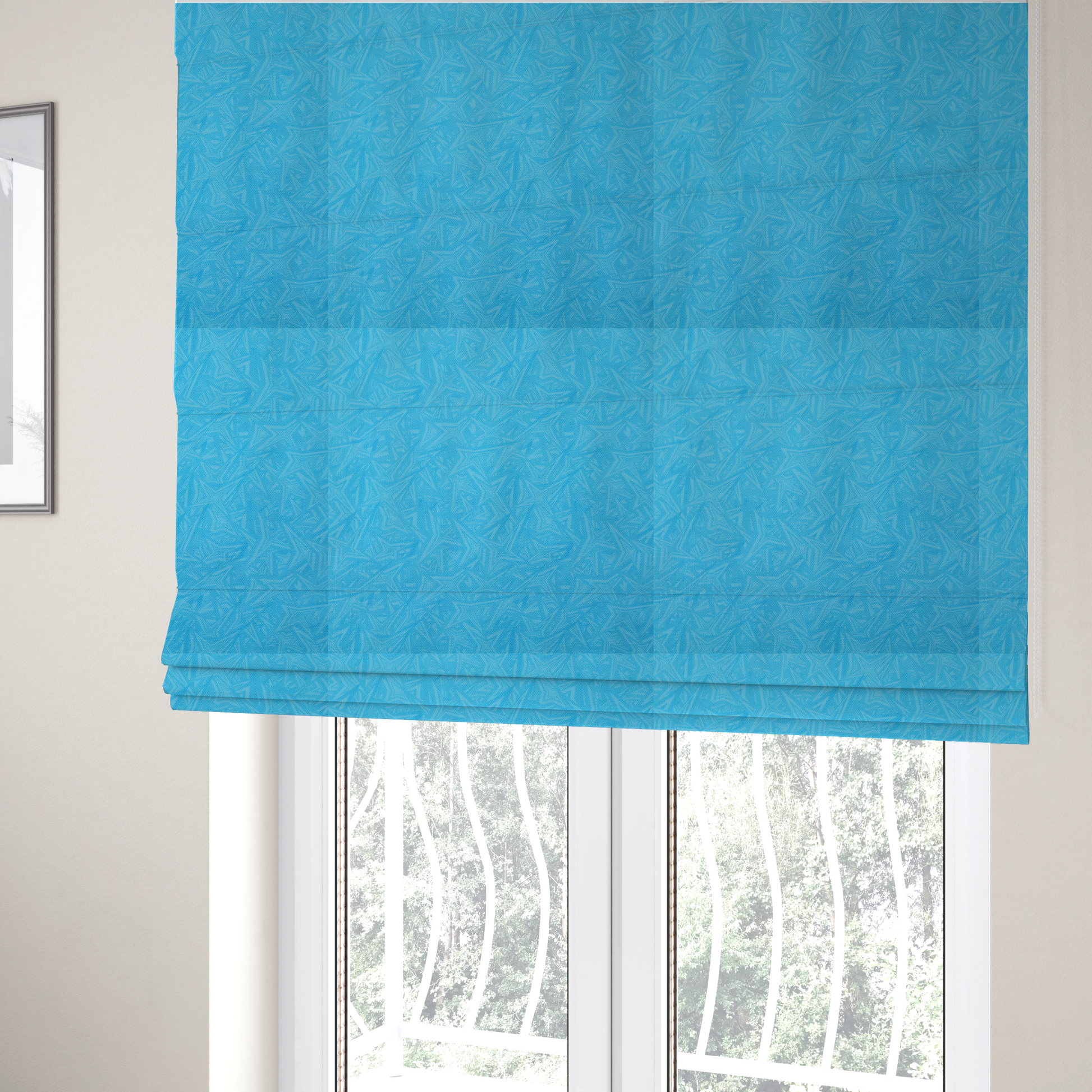 The fabric used to create these Roman blinds is a vibrant cyan-coloured fabric featuring a subtle, tonal geometric pattern.
