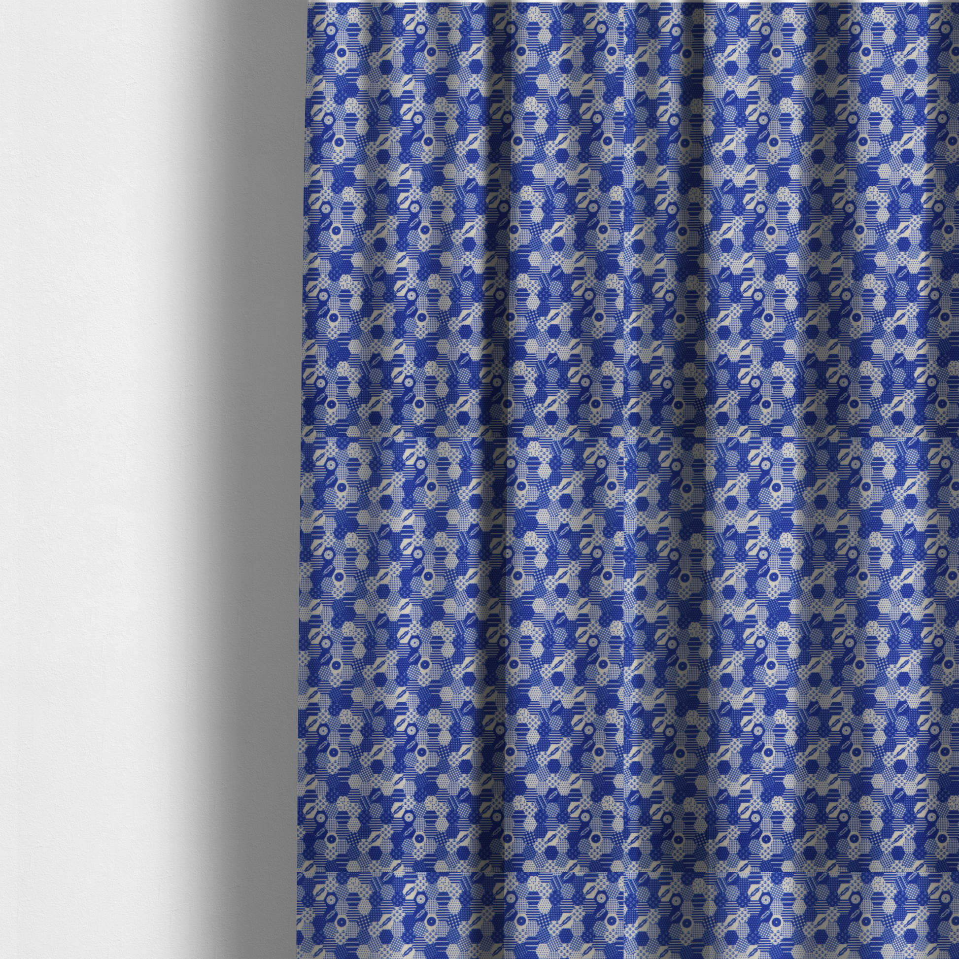 The fabric used to create these made-to-measure curtains is a detailed geometric fabric featuring a dense honeycomb or hexagonal patchwork pattern in blue and white.