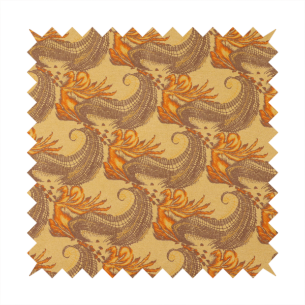 A repeating pattern of large, curved scroll shapes that look like stylized seashells or feathers. These shapes feature a grey crosshatch 'grid' texture and are decorated with bright orange and gold accents. The entire design is set against a solid, warm tan background.