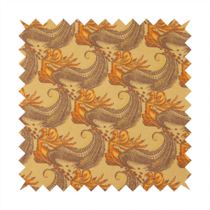 A repeating pattern of large, curved scroll shapes that look like stylized seashells or feathers. These shapes feature a grey crosshatch 'grid' texture and are decorated with bright orange and gold accents. The entire design is set against a solid, warm tan background.