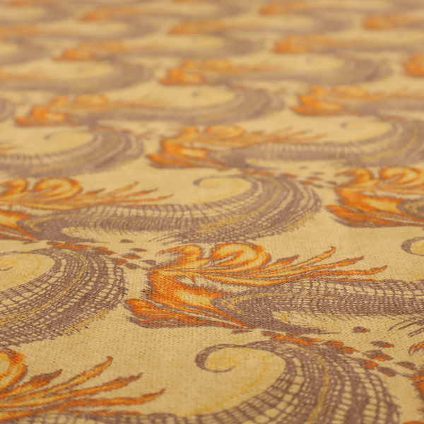 A repeating pattern of large, curved scroll shapes that look like stylized seashells or feathers. These shapes feature a grey crosshatch 'grid' texture and are decorated with bright orange and gold accents. The entire design is set against a solid, warm tan background.