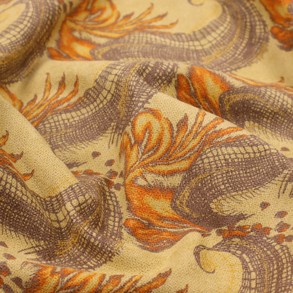 A repeating pattern of large, curved scroll shapes that look like stylized seashells or feathers. These shapes feature a grey crosshatch 'grid' texture and are decorated with bright orange and gold accents. The entire design is set against a solid, warm tan background.
