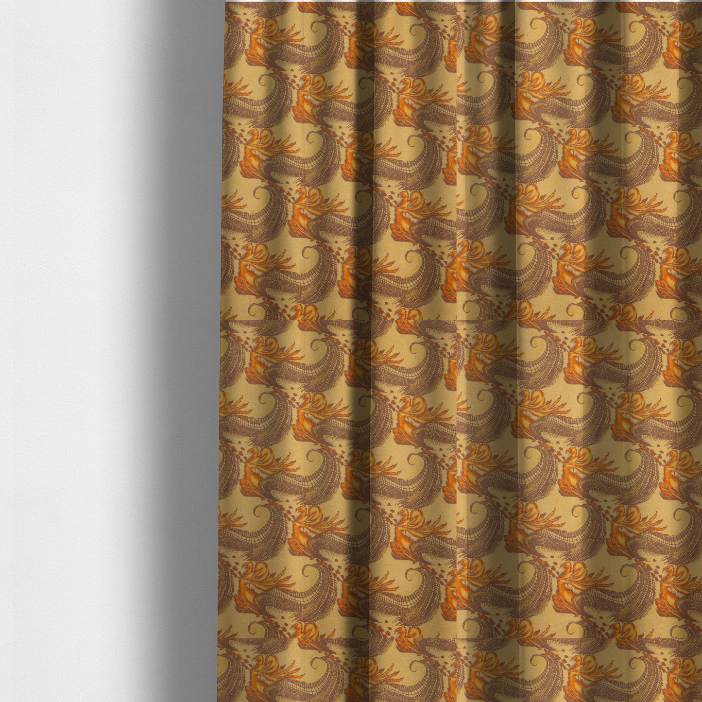 The fabric used to create these made-to-measure curtains is a repeating pattern of large, curved scroll shapes that look like stylized seashells or feathers. These shapes feature a grey crosshatch 'grid' texture and are decorated with bright orange and gold accents. The entire design is set against a solid, warm tan background.