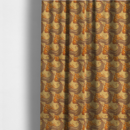 The fabric used to create these made-to-measure curtains is a repeating pattern of large, curved scroll shapes that look like stylized seashells or feathers. These shapes feature a grey crosshatch 'grid' texture and are decorated with bright orange and gold accents. The entire design is set against a solid, warm tan background.