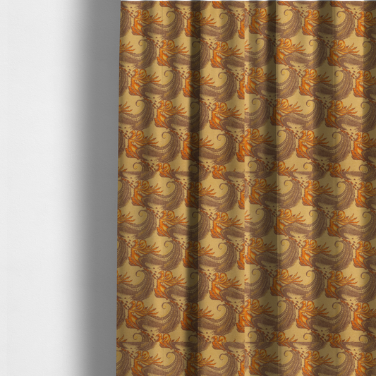 The fabric used to create these made-to-measure curtains is a repeating pattern of large, curved scroll shapes that look like stylized seashells or feathers. These shapes feature a grey crosshatch 'grid' texture and are decorated with bright orange and gold accents. The entire design is set against a solid, warm tan background.