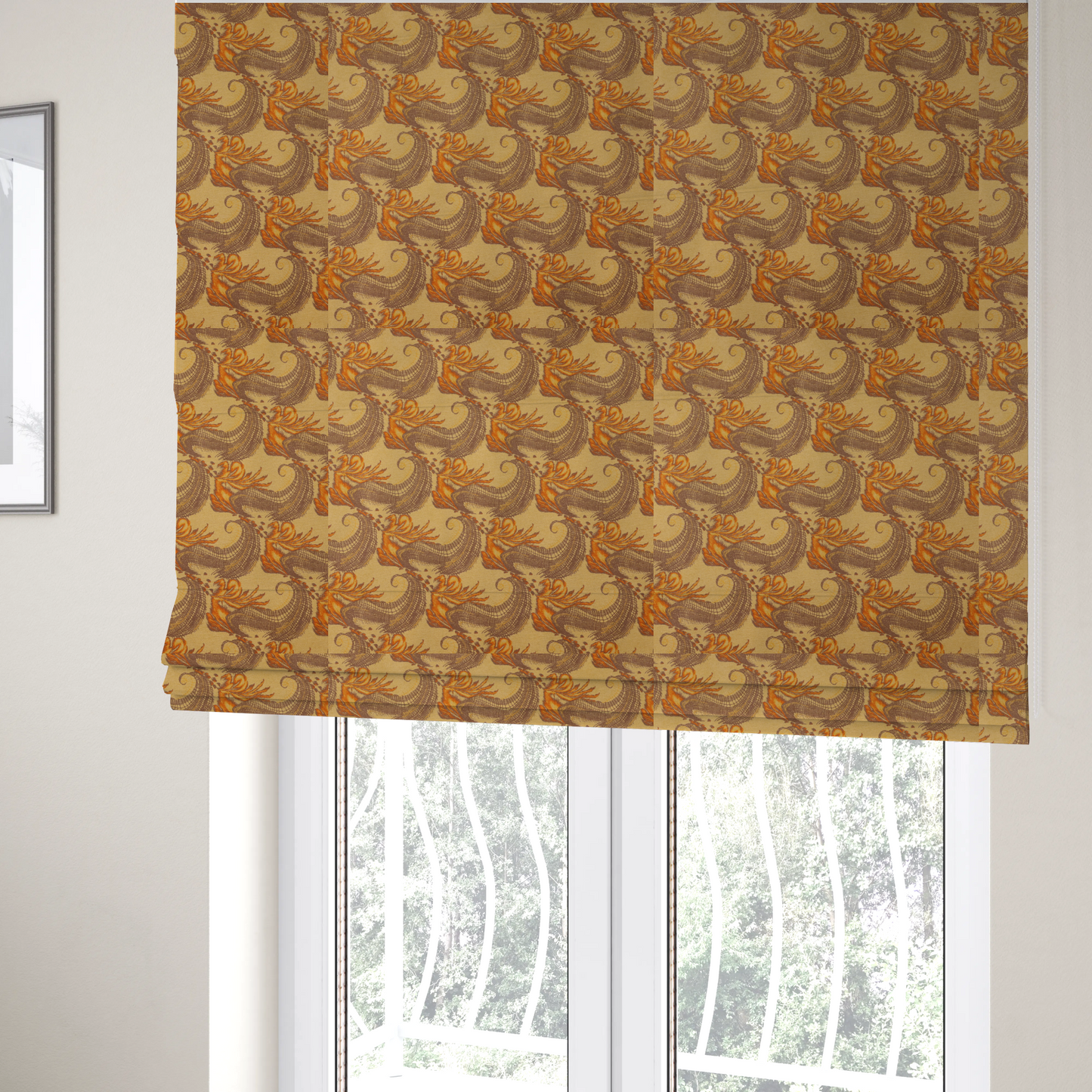 The fabric used to create these Roman blinds is a repeating pattern of large, curved scroll shapes that look like stylized seashells or feathers. These shapes feature a grey crosshatch 'grid' texture and are decorated with bright orange and gold accents. The entire design is set against a solid, warm tan background.