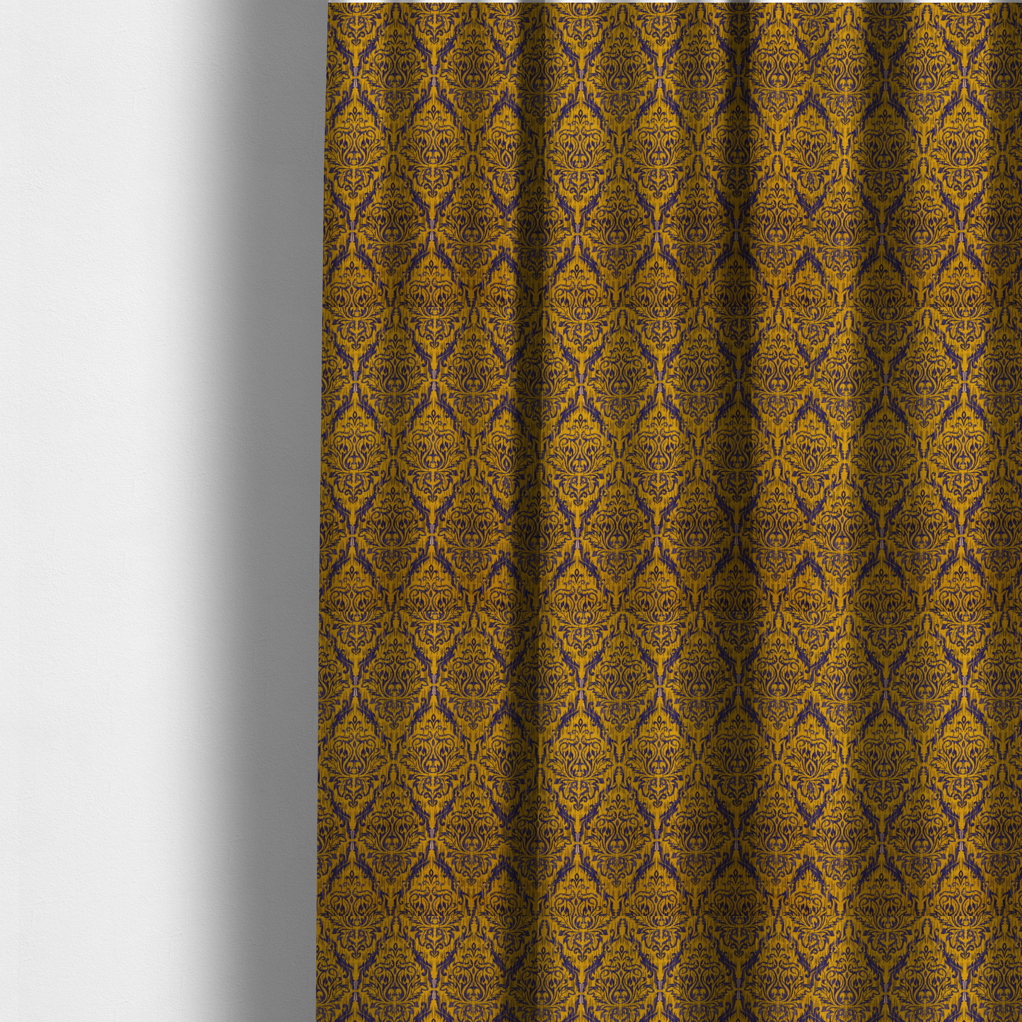 The fabric used to create these made-to-measure curtains features a royal blue damask pattern layered over a deep mustard gold background. The design has an ikat-inspired finish, with vertical, feathered edges that give the ornate fleur-de-lis motifs a slightly blurred, textured appearance.