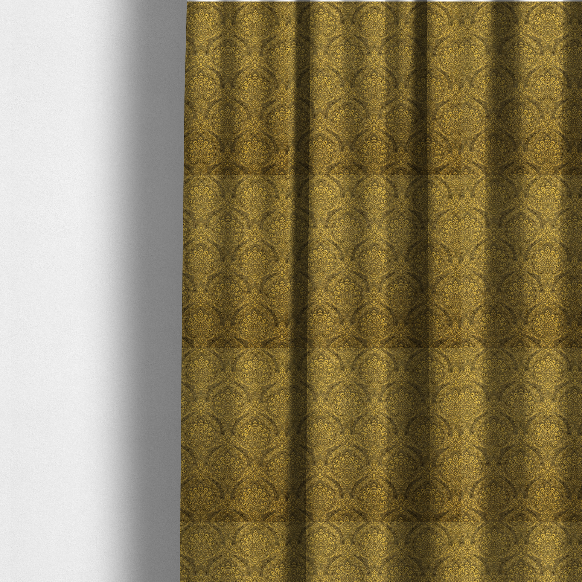 The fabric used to create these made-to-measure curtains is an intricate textile pattern featuring elaborate paisley-style medallions in black line work over an antique gold background. The design is highly detailed with swirling filigree, floral elements, and a repeating teardrop composition that creates a classic, traditional aesthetic.