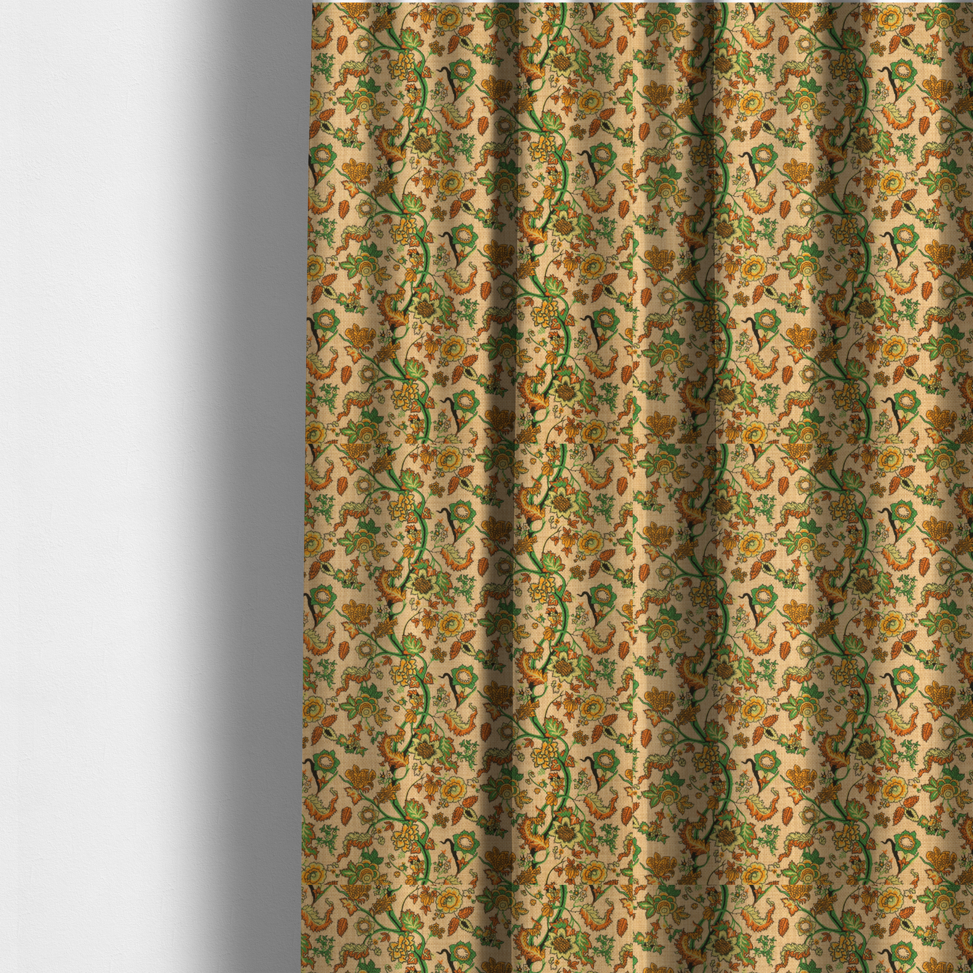 The fabric used to create these made-to-measure curtains is a vintage-style fabric featuring winding green vines and various floral blossoms in shades of orange, gold, and yellow. The pattern is set against a light beige, canvas-textured background, with a bohemian or arts-and-crafts aesthetic.