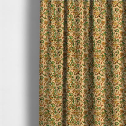 The fabric used to create these made-to-measure curtains is a vintage-style fabric featuring winding green vines and various floral blossoms in shades of orange, gold, and yellow. The pattern is set against a light beige, canvas-textured background, with a bohemian or arts-and-crafts aesthetic.