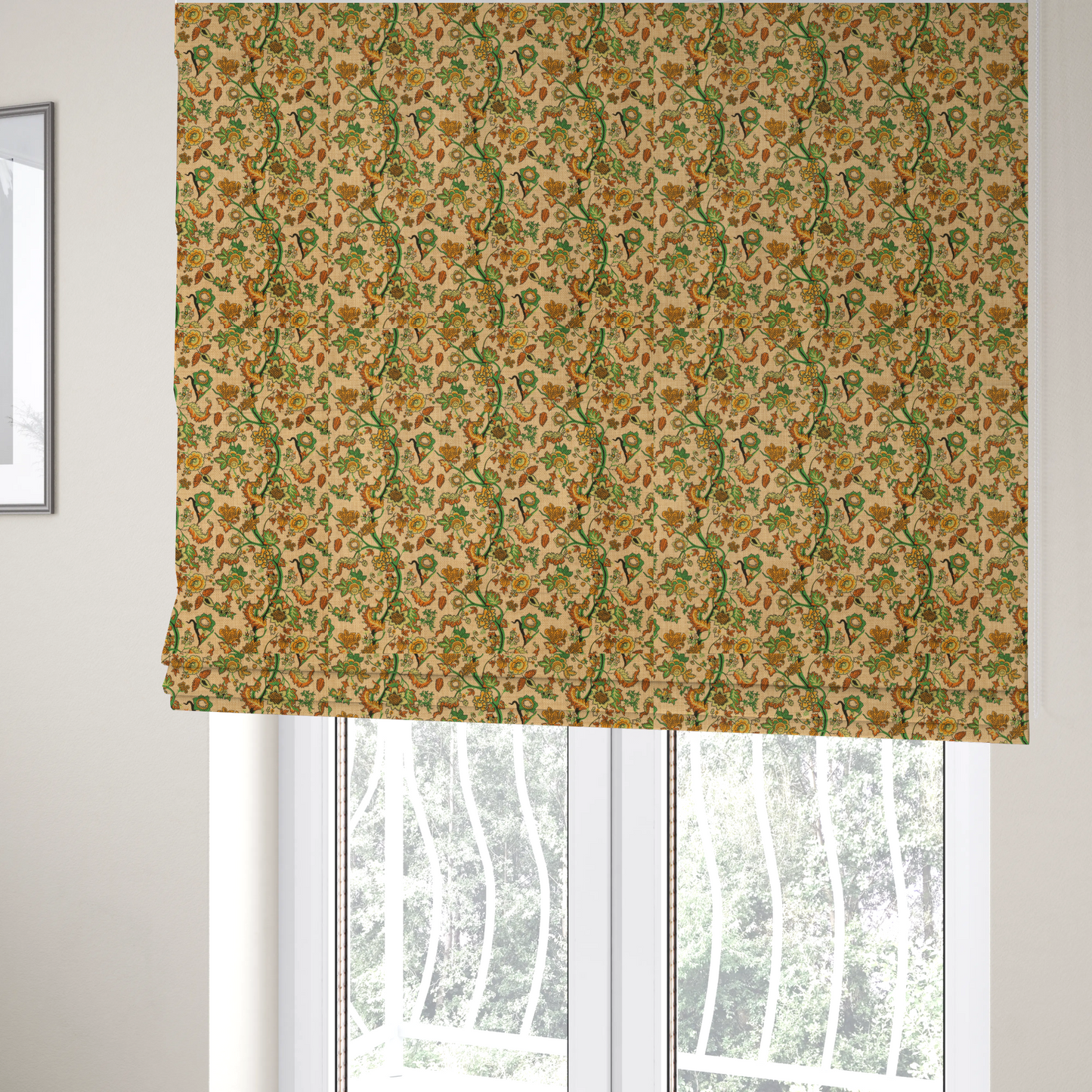 The fabric used to create these Roman blinds is vintage-style fabric featuring winding green vines and various floral blossoms in shades of orange, gold, and yellow. The pattern is set against a light beige, canvas-textured background, with a bohemian or arts-and-crafts aesthetic.