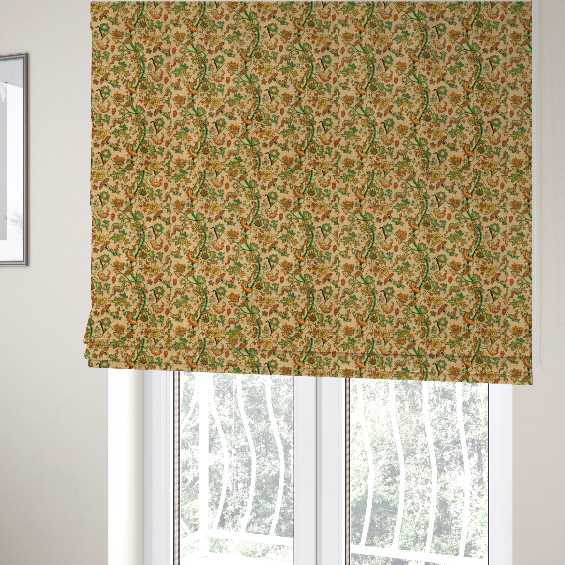 The fabric used to create these Roman blinds is vintage-style fabric featuring winding green vines and various floral blossoms in shades of orange, gold, and yellow. The pattern is set against a light beige, canvas-textured background, with a bohemian or arts-and-crafts aesthetic.