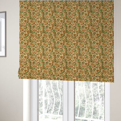 The fabric used to create these Roman blinds is vintage-style fabric featuring winding green vines and various floral blossoms in shades of orange, gold, and yellow. The pattern is set against a light beige, canvas-textured background, with a bohemian or arts-and-crafts aesthetic.