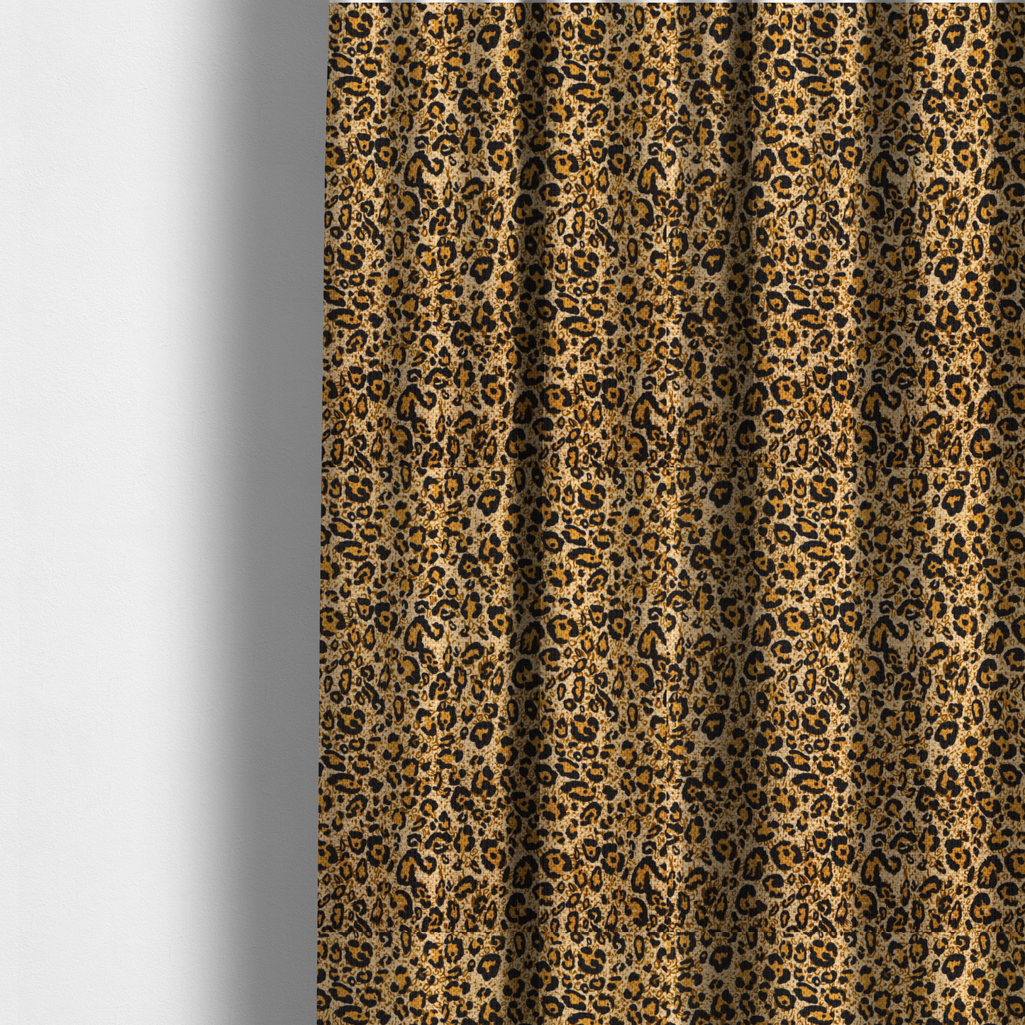 The fabric used to create these made-to-measure curtains consists of irregular, organic black "rosette" shapes with golden-tan centres, set against a warm, sandy-beige background, creating a style of leopard print. The fabric has a visible textured, canvas-like weave, giving the pattern a slightly rugged and tactile appearance.