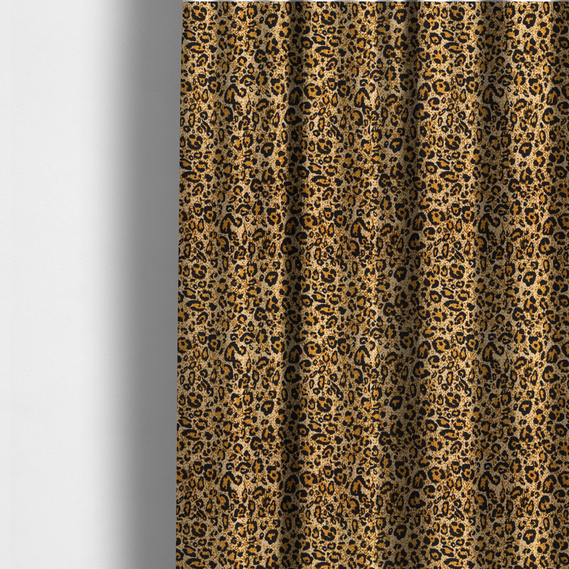 The fabric used to create these made-to-measure curtains consists of irregular, organic black "rosette" shapes with golden-tan centres, set against a warm, sandy-beige background, creating a style of leopard print. The fabric has a visible textured, canvas-like weave, giving the pattern a slightly rugged and tactile appearance.