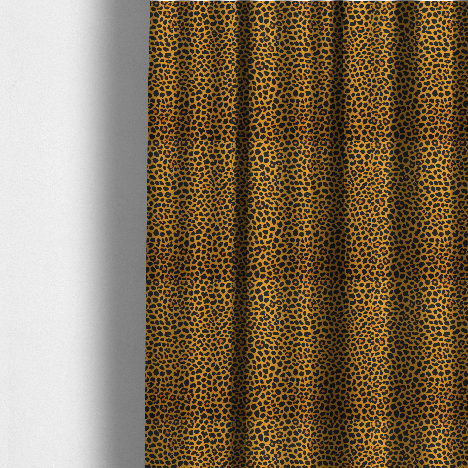 The fabric used to create these made-to-measure curtains is a high-contrast animal print fabric featuring a dense leopard-inspired pattern. The design consists of irregular black spots and open rosettes with warm orange-brown centres, set against a vibrant mustard-yellow background. The print is small-scale and tightly packed, with a visible fine-grained textile texture