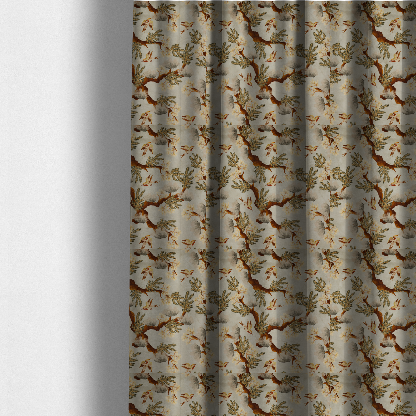 The fabric used to create these made-to-measure curtains is a sophisticated textile featuring a Chinoiserie-style pattern with stylized birds in flight among winding, dark brown tree branches. The branches are adorned with clusters of pale cream blossoms and soft, pine-like needles. The entire design is set against a muted beige background creating a serene and classical aesthetic.