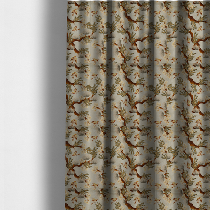 The fabric used to create these made-to-measure curtains is a sophisticated textile featuring a Chinoiserie-style pattern with stylized birds in flight among winding, dark brown tree branches. The branches are adorned with clusters of pale cream blossoms and soft, pine-like needles. The entire design is set against a muted beige background creating a serene and classical aesthetic.