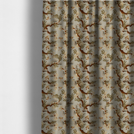 The fabric used to create these made-to-measure curtains is a sophisticated textile featuring a Chinoiserie-style pattern with stylized birds in flight among winding, dark brown tree branches. The branches are adorned with clusters of pale cream blossoms and soft, pine-like needles. The entire design is set against a muted beige background creating a serene and classical aesthetic.