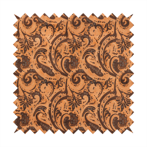 A complex textile design featuring an all-over paisley and scroll pattern in solid black over a warm copper-orange background. The motifs are highly stylized with a mixture of dotted textures, fine line work, and bold curves that resemble ocean waves or flowing vines. The high-contrast colour palette gives the fabric a sophisticated, bohemian-luxe appearance.