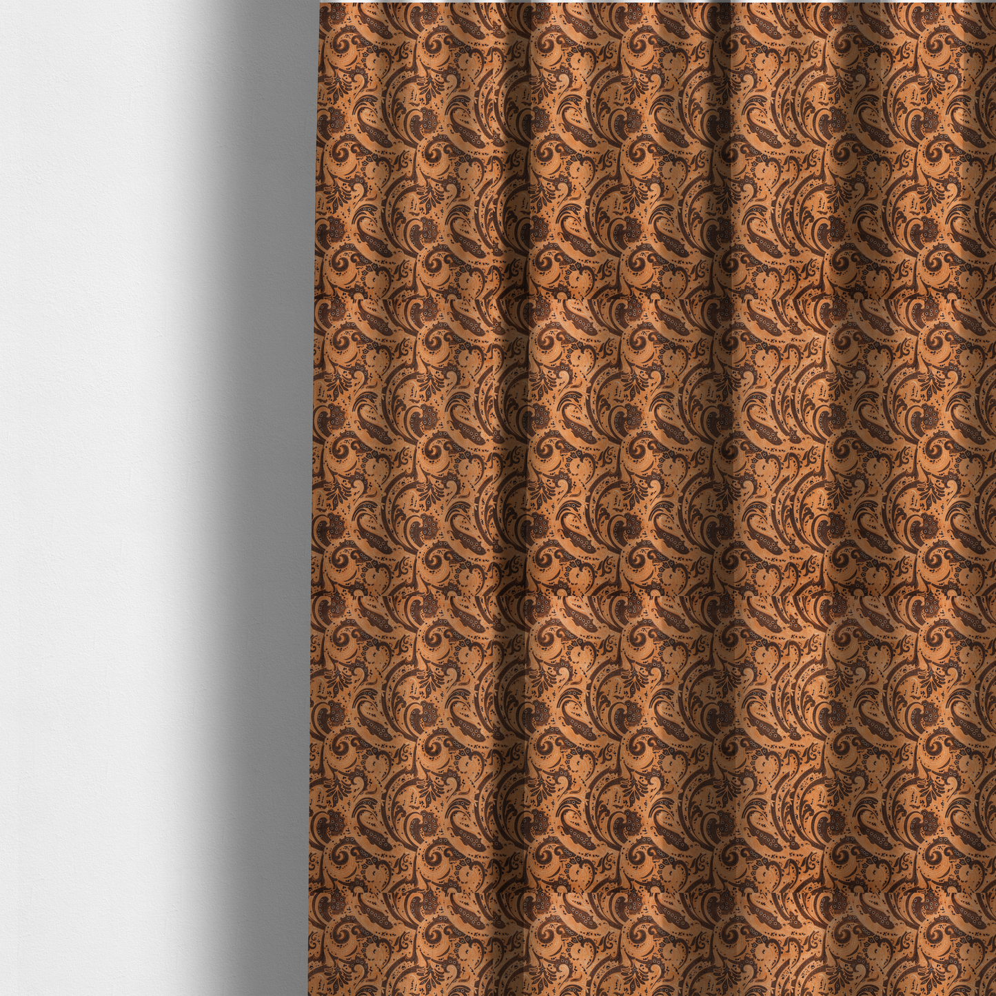 The fabric used to create these made-to-measure curtains is a complex textile design featuring an all-over paisley and scroll pattern in solid black over a warm copper-orange background. The motifs are highly stylized with a mixture of dotted textures, fine line work, and bold curves that resemble ocean waves or flowing vines. The high-contrast colour palette gives the fabric a sophisticated, bohemian-luxe appearance.