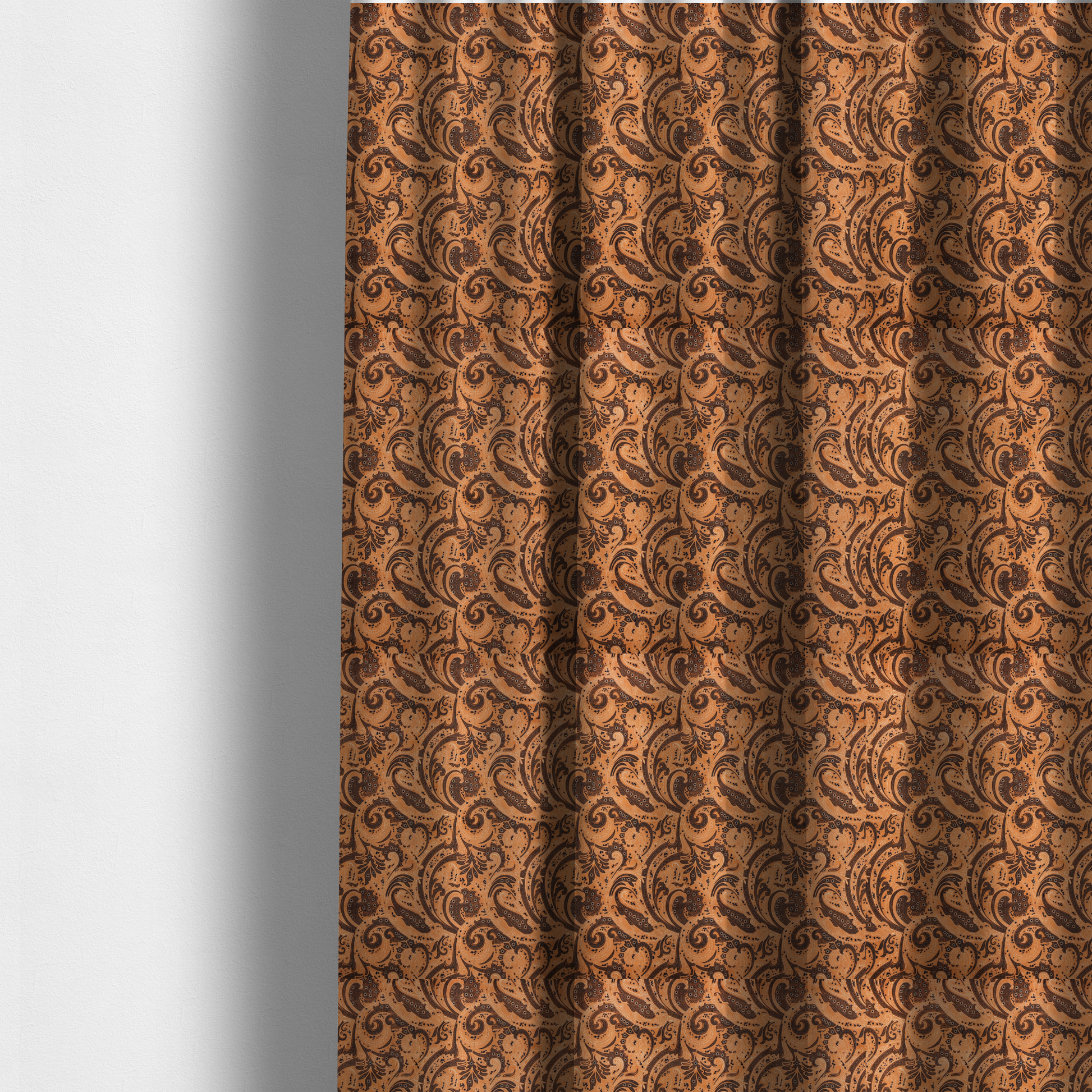 The fabric used to create these made-to-measure curtains is a complex textile design featuring an all-over paisley and scroll pattern in solid black over a warm copper-orange background. The motifs are highly stylized with a mixture of dotted textures, fine line work, and bold curves that resemble ocean waves or flowing vines. The high-contrast colour palette gives the fabric a sophisticated, bohemian-luxe appearance.