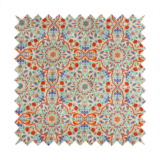 A decorative fabric with an Ottoman-style floral print. The design consists of repeating cobalt blue and turquoise tulips and deep red carnations intertwined with long, curving green leaves. The pattern mimics 16th-century Mediterranean ceramic tile art.