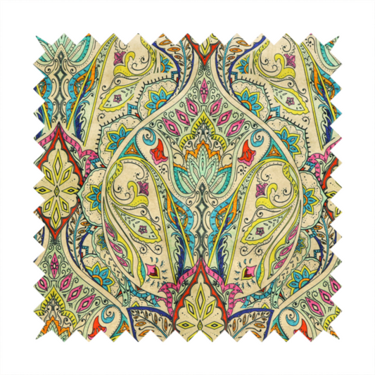 Vibrant bohemian paisley fabric with an intricate damask-style pattern featuring teal, yellow, pink, and orange motifs accented by bold black outlines on a warm cream background